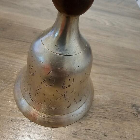 Vintage Brass Wood Hand Bell Etched Feather MCM Classic Collectible India 8.5" - Picture 3 of 12
